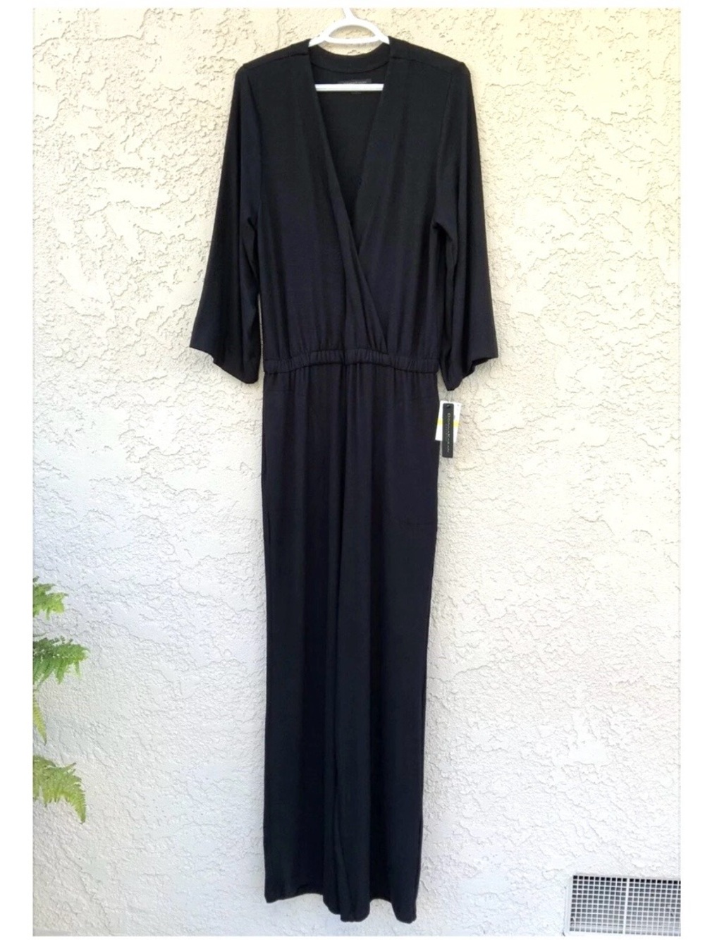NWT Donna Karan Sleep V-Neck Jumpsuit Size M Black Wrap Wide Leg Lounge